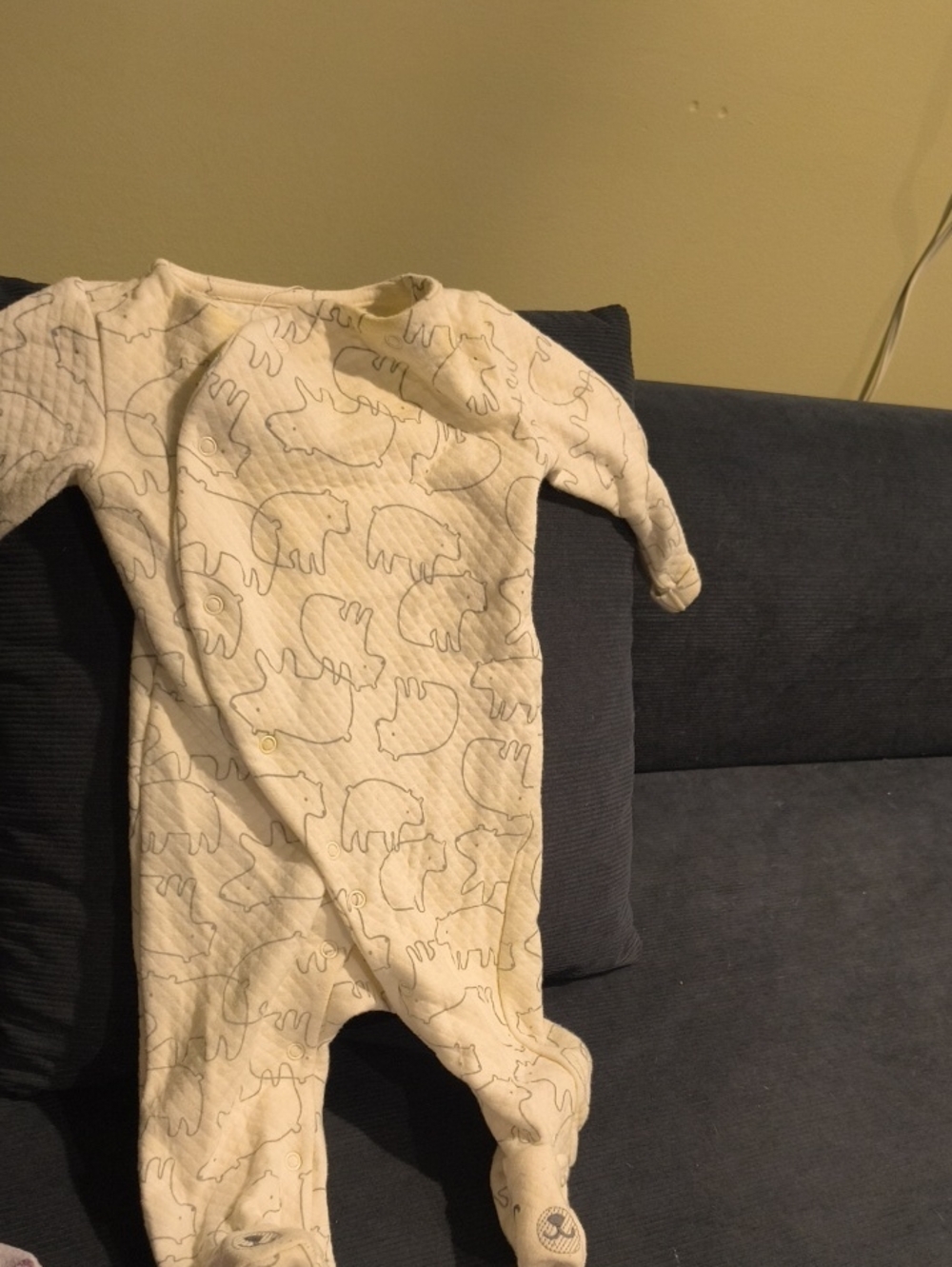 Cream Quilted Baby One-Piece Bodysuit with Bear Outline